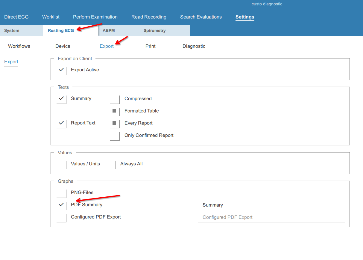 Customed indstilling ECG Export