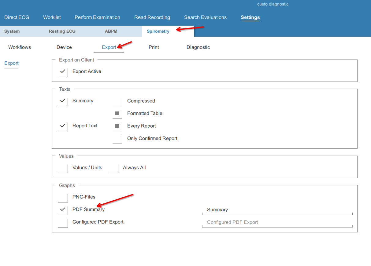 Customed indstilling Spirometry Export